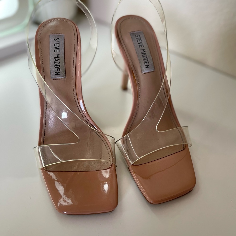 Steve Madden Tan Cream Heels with Square-Toe Design
